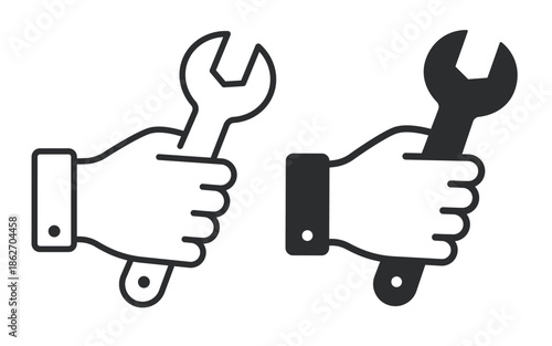 Technical support icon illustrating hand holding wrench as a symbol of maintenance, repair assistance and service help. Line and solid vector icon.