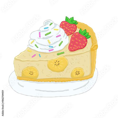 Kuchen mit Sahne, Bananen und Erdbeeren