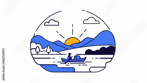 Minimalist illustration of a person rowing a boat on a lake with mountains and a rising sun in the background