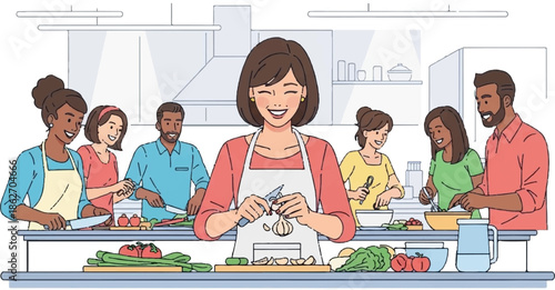 Joyful diverse group cooking a healthy meal together in a modern kitchen with fresh ingredients