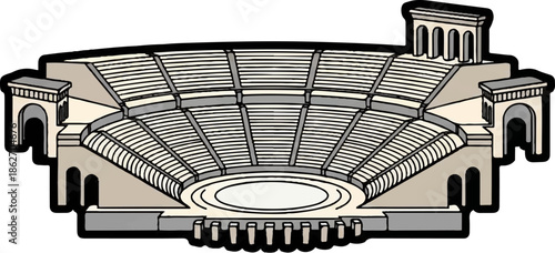 Overhead view of an ancient open-air amphitheater with tiered seating, a central arena, and classical architecture