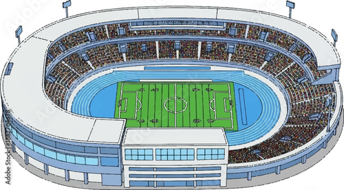 Overhead cartoon illustration of a large sports stadium with a soccer field and running track, packed with a crowd
