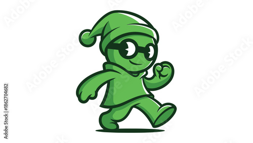 Green Cartoon Character Walking with Hat and Glasses.