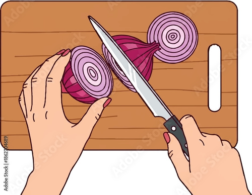 Overhead view of hands slicing a red onion on a wooden cutting board with a silver knife