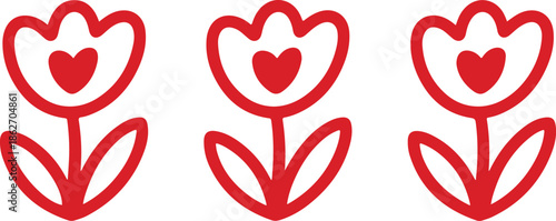 Three stylized red flowers with heart shaped centers are neatly lined up on a plain white backdrop