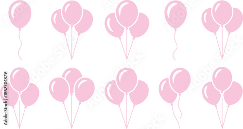 Various groups of light pink celebratory balloons floating playfully against a clean white backdrop