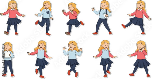 Set of ten vibrant cartoon illustrations featuring a happy blonde girl in various energetic poses