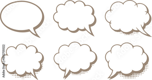 A group of stylized speech bubbles and thought clouds with subtle brown outlines are arranged