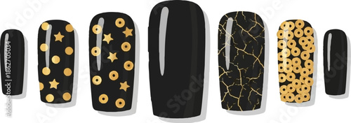 Seven stylized press-on nails, black with gold patterns including dots, stars, rings, and cracked textures