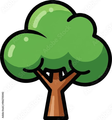 Simple cartoon illustration of a tree with a vibrant green, textured canopy and a sturdy brown trunk