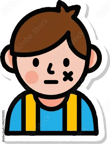 Simple cartoon sticker of a person with brown hair, blue and yellow striped shirt, and a cross mark on cheek