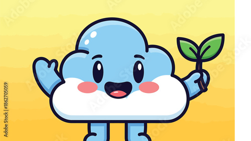 Cute Cloud Character Holding a Sprout with a Cheerful Expression.
