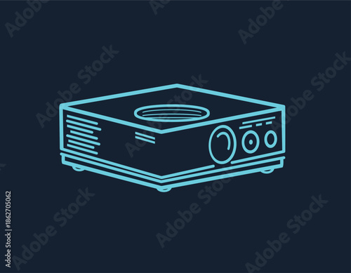 Modern projector device with glowing blue outline on dark background.
