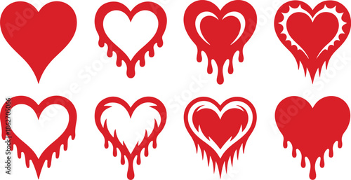 A set of various red heart shapes with dripping patterns and outline variations are displayed