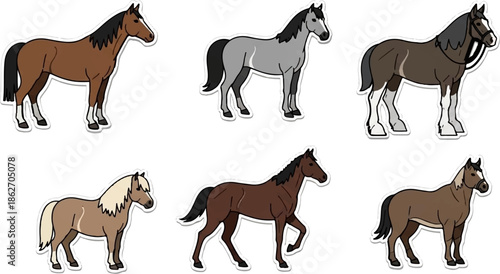 Six cartoon horses with varied coats and poses, depicted as stickers with white outlines
