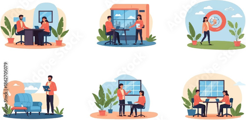 Six flat design illustrations of diverse people collaborating and working in modern office and casual settings