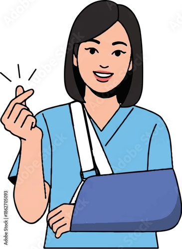 Smiling Asian woman with short hair, arm in sling, making a finger heart gesture