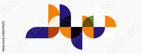 Abstract graphic design features overlapping semicircles. Orange, purple, olive hues create dynamic composition. Minimalist style, clean lines present modern aesthetic.