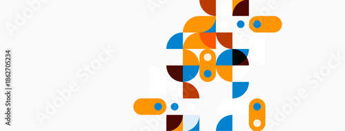 Abstract geometric shapes, orange, blue, brown tones. Minimalist design, clean background, modern aesthetic. Composition focuses on form, color.