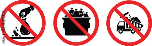 Graphic illustration of universal warning signs prohibiting improper waste disposal, littering, and illegal dumping in public areas.