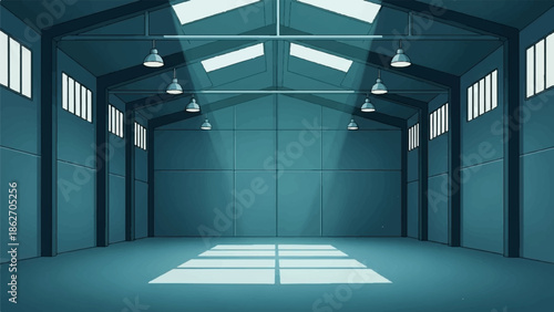 Spacious empty warehouse interior with high ceilings, windows, hanging lights, and light on the floor