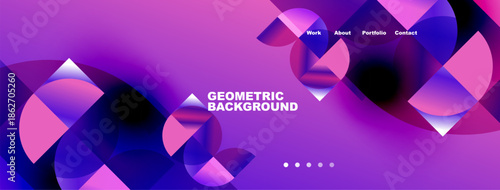 Abstract geometric background features vibrant pink, purple, blue gradients. Navigation includes work, about, portfolio, contact options. Modern design.