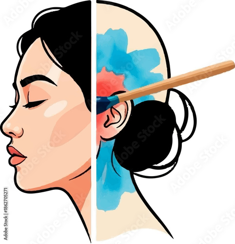 Split portrait of a woman's face, one side calm, the other being painted with emotions and color