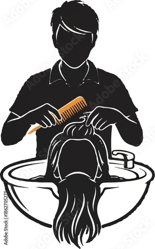 Stylist combing client's hair over a salon wash basin, black and white line art with orange comb