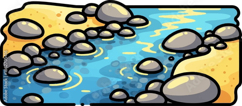 Stylized cartoon beach scene with smooth grey rocks scattered along the sandy shore and clear blue water