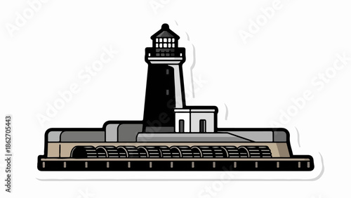 Stylized cartoon illustration of a black and white lighthouse on a long pier structure, outlined with a dark border