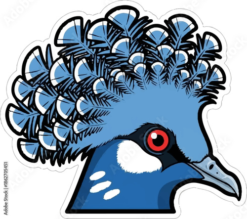 Stylized cartoon illustration of a blue bird's head with an elaborate feathery crest and a striking red eye