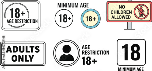 Collection of Age Restriction and Adults Only Warning Signs and Icons for Content Control and Safety Guidelines