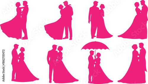 Eight romantic pink silhouettes of happy wedding couples embracing and dancing on a bright white background