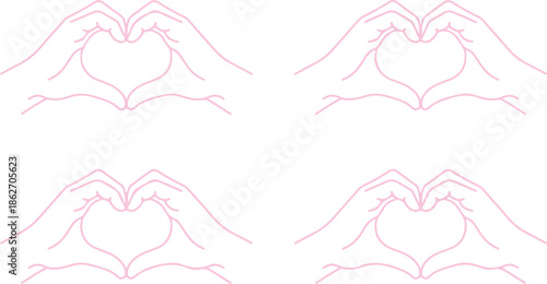 Four sets of hands gently forming a loving heart shape with their fingers on a plain white surface