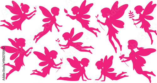 Group of ethereal pink fairy silhouettes with delicate wings in various magical flying and standing poses