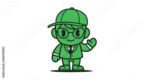 Green Cartoon Character with Glasses and a Cap Waving.