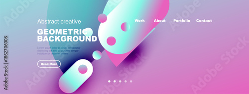 Abstract website header design. Vibrant colors, geometric shapes, text elements present. Modern, clean aesthetic for digital presentation.