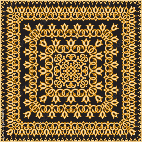 Scarf print of golden oriental borders on a black background. 5 pattern brushes in a brush pallet