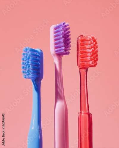 Three colorful toothbrushes against a pink background