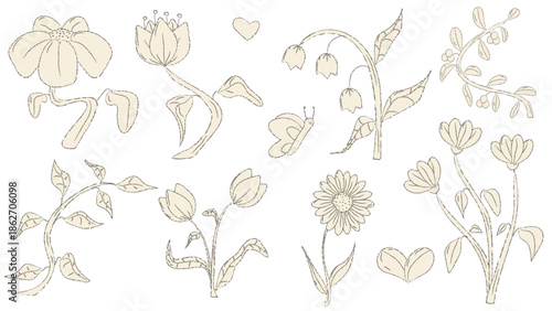 Doodle spring crayon flower elements. Cartoon isolated vector illustration.