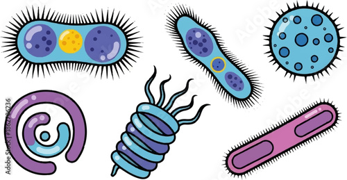Stylized cartoon microorganisms in various shapes and sizes, illustrated in bright colors on white