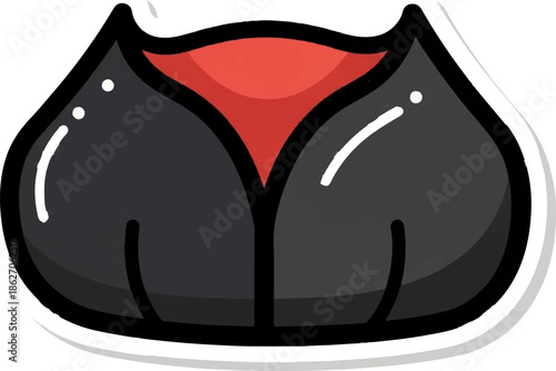 Stylized cartoonish lips with a thick black outline, red interior, and shiny highlights, sticker style