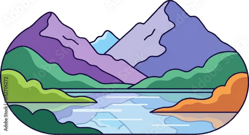 Stylized colorful illustration of majestic mountains, rolling hills, and a serene lake reflecting the sky