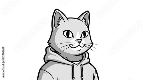 Monochrome Cartoon Cat Character Wearing a Hoodie.