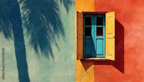 Vibrant window with tropical shadow