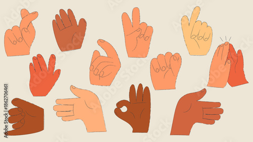 Hand drawn crayon hands set. Finger heart, hello and okay shaped gesture hands. Cartoon isolated vector illustration