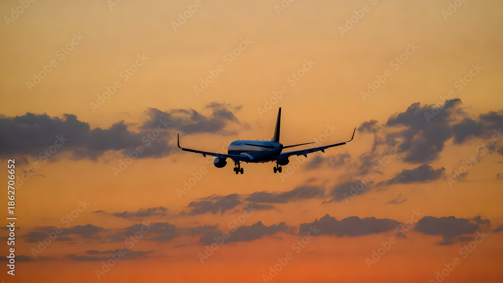 Fototapeta premium Dramatic View of a Jet Aircraft Landing Against an Orange Twilight Sunset Sky