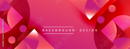 Abstract pink design features overlapping circles, squares, gradients. Modern aesthetic suitable for banners, presentations.