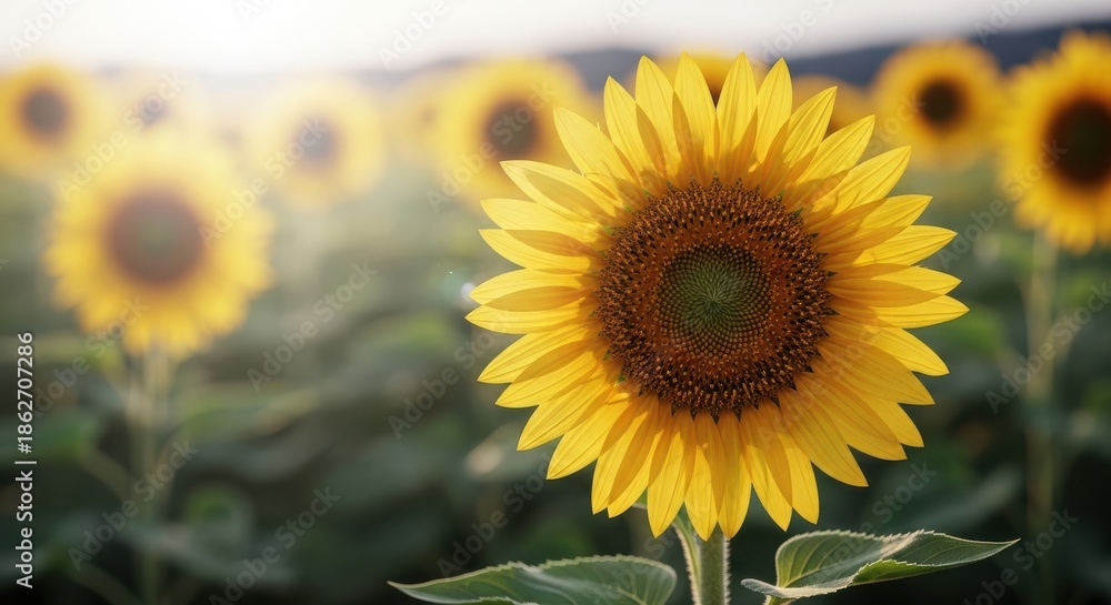 Obraz premium Golden Sunflower Field Bathed in Soft Morning Sunlight