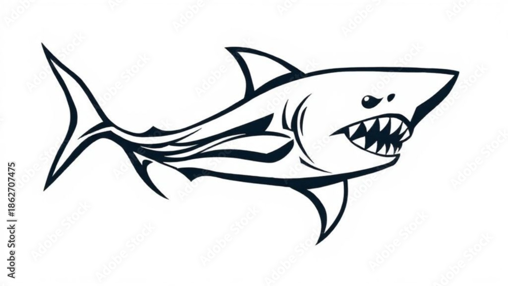 Fototapeta premium Cartoon vector illustration of a swimming shark silhouette and marine wildlife icons including tuna and dolphin in the blue ocean water